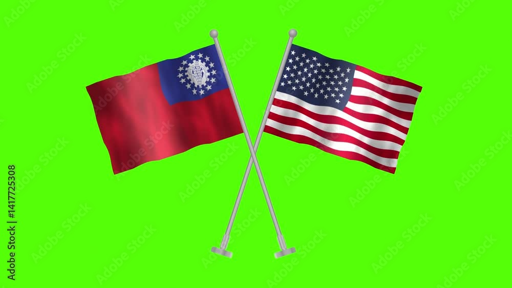 Flag of Myanmar and USA, Cross table flag of Myanmar and USA on Green screen chroma key, Myanmar and USA 3D Animation flag waving in the wind isolated on Green Background. 
