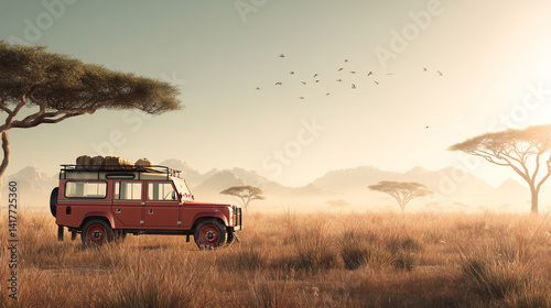 trip road tropical vintage travel summer retro car beach vacation. Green car with luggage ready for summer holidays 