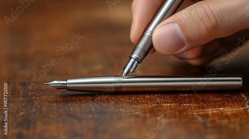 Close-up of a hand holding and writing with a metallic fountain pen.