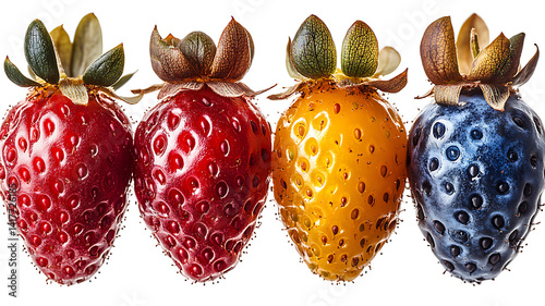 Four genetically modified strawberries different colors isolated on white background studio shot healthy food concept