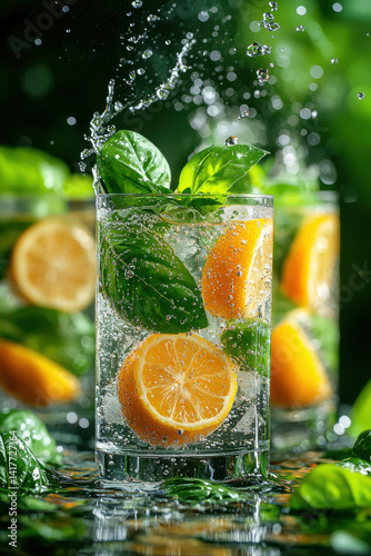 Refreshing summer drink with basil, orange, and ice splashes