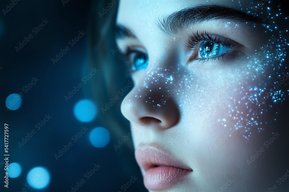 Fototapeta premium Technology and skincare merge in diverse glowing portraits with orbiting molecules