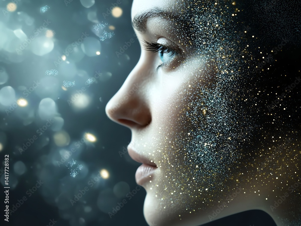 Conceptual diversity portrait with glowing faces and floating skincare nanoparticles Conceptual diversity portrait with glowing faces and floating skincare nanoparticles
