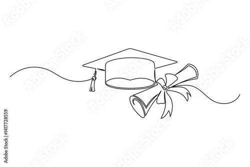 Graduation cap continuous one line drawing, Single line drawing, Linear style, isolated on a white background