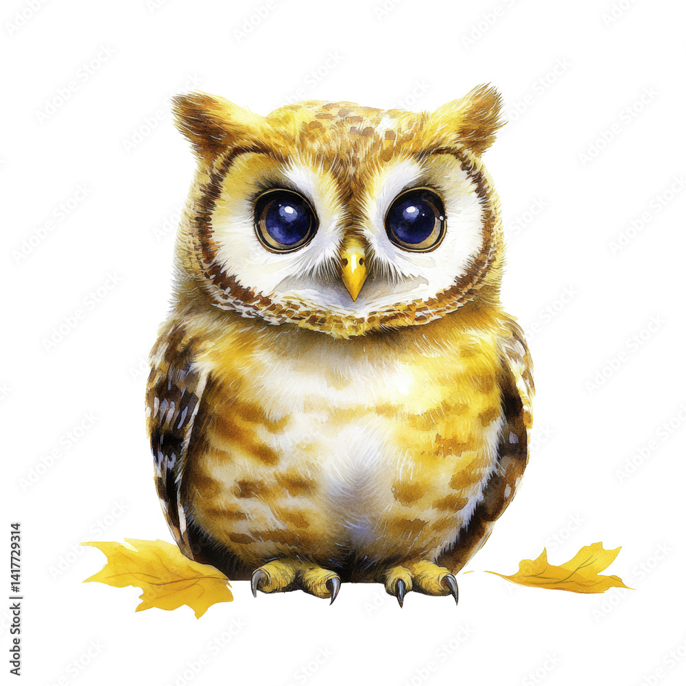 Naklejka premium Cute realistic owl with large expressive eyes and detailed feathers sitting on a white background with autumn leaves scattered around