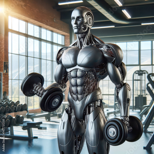 Robot exercising with dumbbells in a modern gym environment during daylight hours