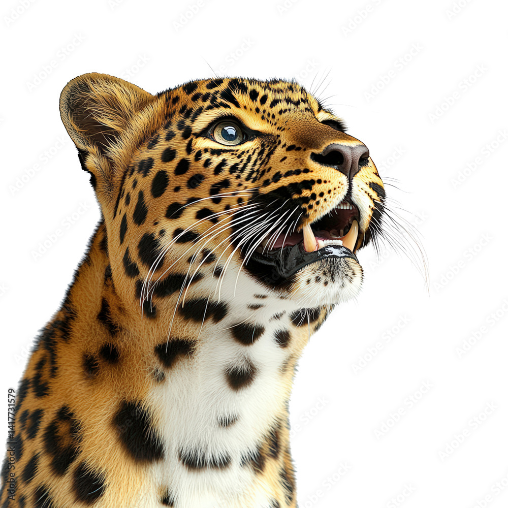 Fototapeta premium Close-up of a powerful wild leopard with piercing eyes and detailed fur pattern, showcasing teeth, intense expression, and sleek body posture on a white background