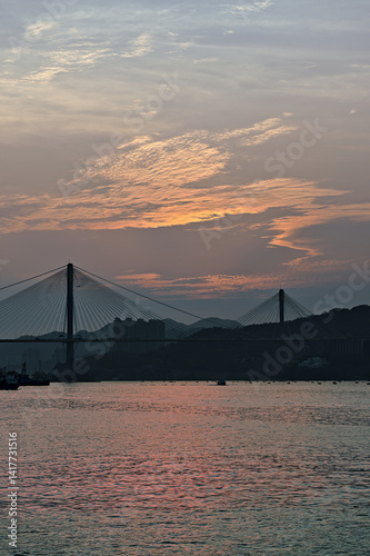 View of Rambler Channel and Ting Kau Bridge in Tsuen Wan at sunset
