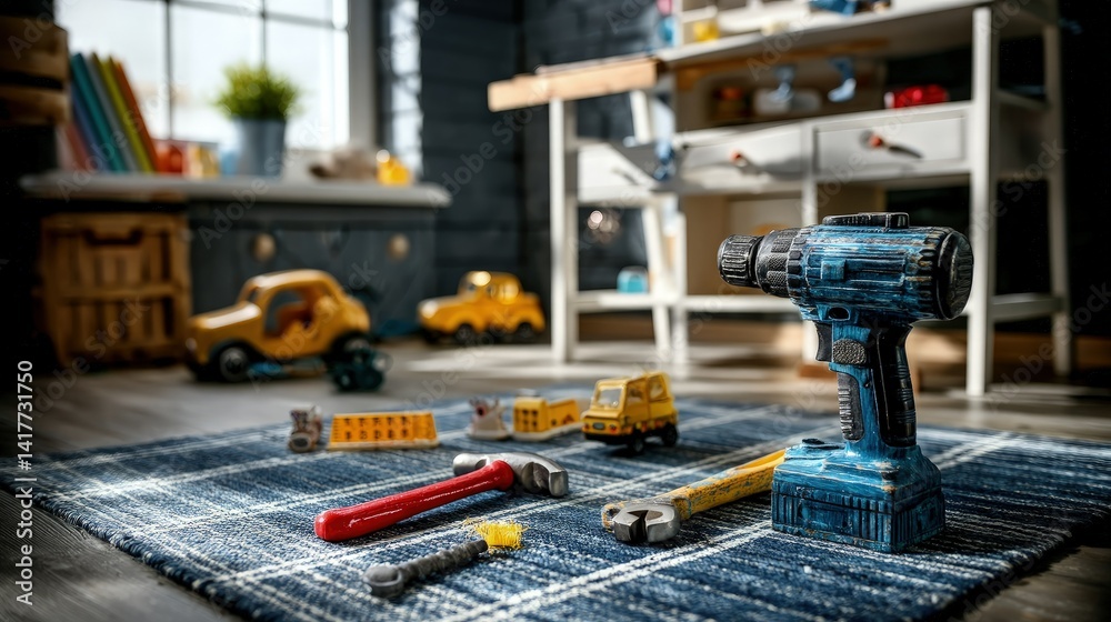 Fototapeta premium Child's Playroom with Tools and Toy Cars on a Rug