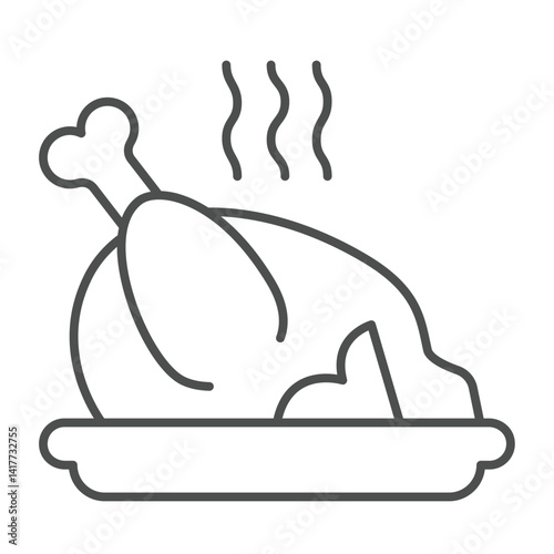 Fried chicken dish thin line icon, culinary cooking concept. Vector graphics. Hot turkey on plate sign on white background, linear style icon for mobile or web design.