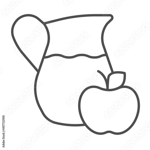 Apple fruit and glass jug with juice thin line icon, culinary cooking concept. Vector graphics. Glass jug with juicy drink sign on white background, linear style icon for mobile or web design.