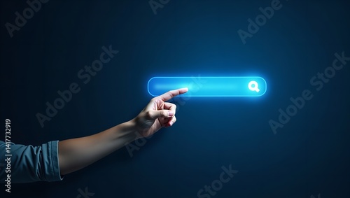 A hand clicks a glowing search bar exploring the digital world a vibrant blue interface with simple
