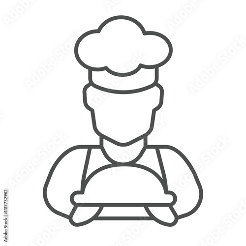 Cooker man with dish in hands thin line icon, culinary cooking concept. Vector graphics. Cook with food plate sign on white background, linear style icon for mobile or web design.