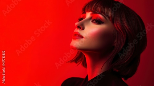A woman with crimson lips and a bob, gazing upward, bathed in dramatic red light, a portrait of fiery confidence.