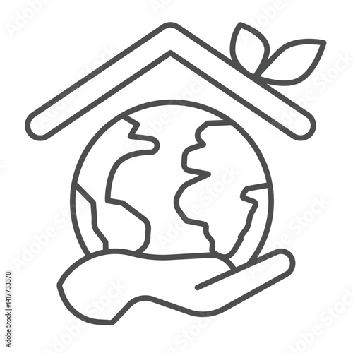 Planet earth with roof and leaves in hand thin line icon, eco tourism concept. Vector graphics. Hand with world globe, leaf sign on white background, linear style icon for mobile or web design.