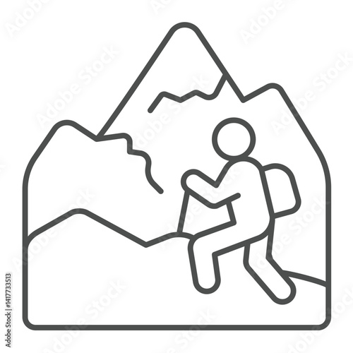Human with mountain top thin line icon, eco tourism concept. Vector graphics. Man hiking in mountains, traveling sign on white background, linear style icon for mobile or web design.