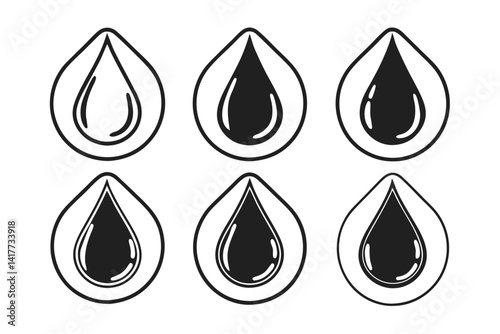 Set of water drop icons. Vector illustration. Black and white.