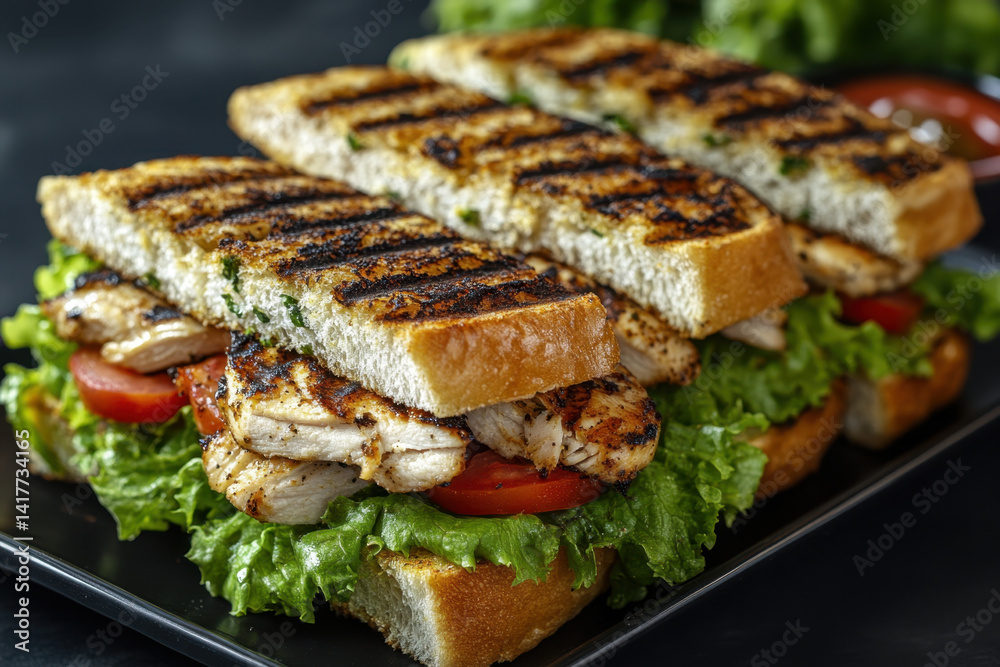 Grilled chicken sandwich with lettuce, tomato, and melted cheese on a toasted bun, served with crispy fries and a side of tangy coleslaw. Grilled chicken sandwich with lettuce, tomato, and melted cheese on a toasted bun, served with crispy fries and a side of tangy coleslaw.