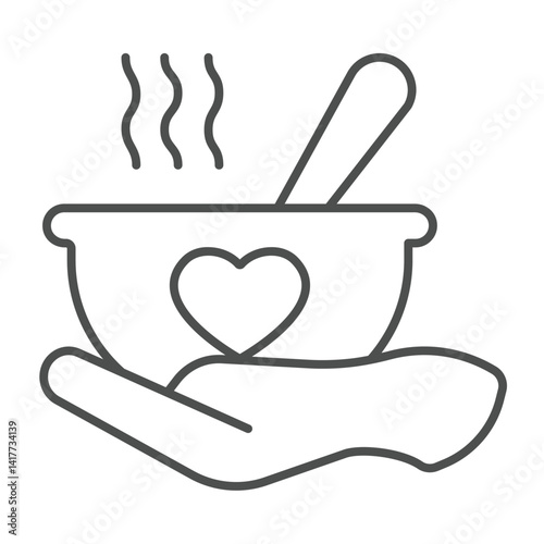 Hot soup plate in hand thin line icon, charity concept. Vector graphics. Soup with spoon, hot dinner for free sign on white background, linear style icon for mobile or web design.