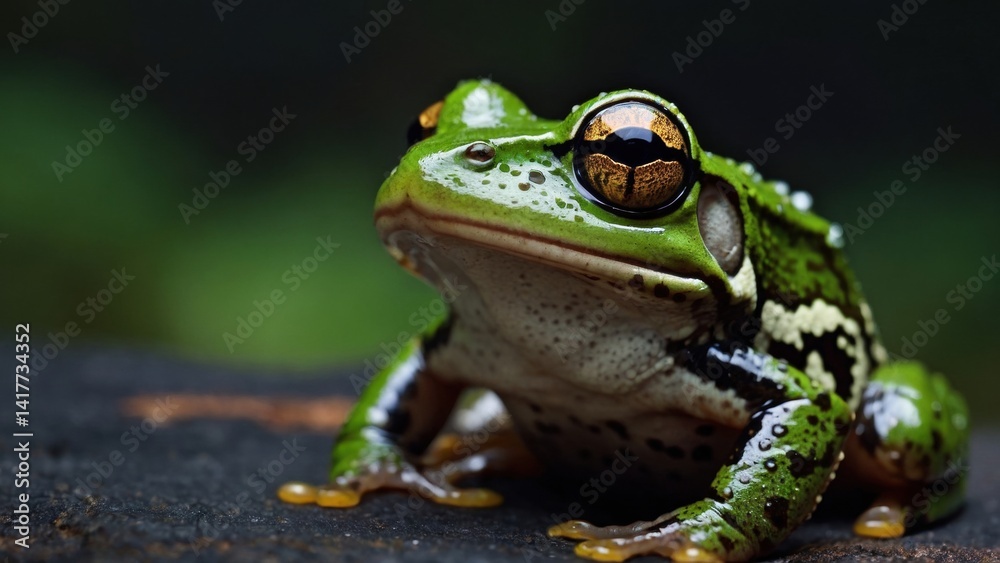 Detailed Closeup of a Green Frog with Golden Eyes Resting on a Textured Surface Detailed Closeup of a Green Frog with Golden Eyes Resting on a Textured Surface