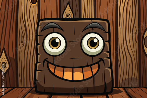 Cartoon face of wooden stump on wooden background. Vector illustration.