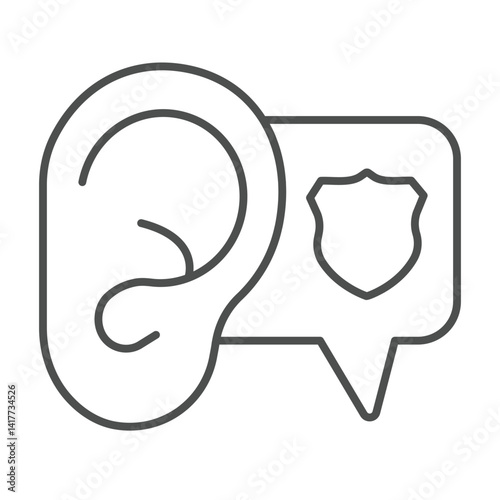 Human ear with police badge popup window thin line icon, law and order concept. Vector graphics. Police siren sound bubble sign on white background, linear style icon for mobile or web design.