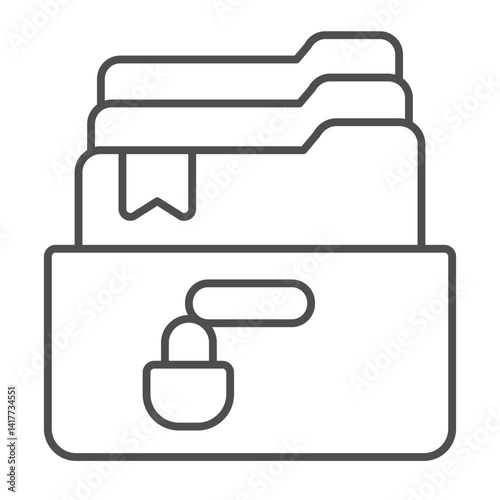 Cabinet box with police folders and lock thin line icon, law and order concept. Vector graphics. Criminal case documents sign on white background, linear style icon for mobile or web design.
