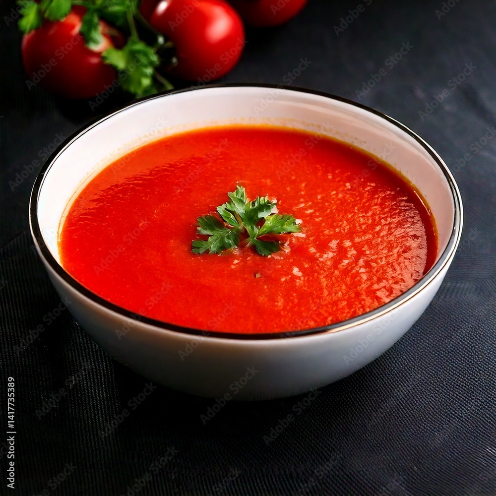 Bowl of fresh tomato soup garnished with basil leaves Bowl of fresh tomato soup garnished with basil leaves