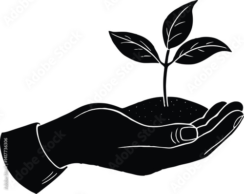 Silhouette of Hand holding a seedling, A hand holds a green seedling, symbolizing new life and eco-conscious growth within nature's environment