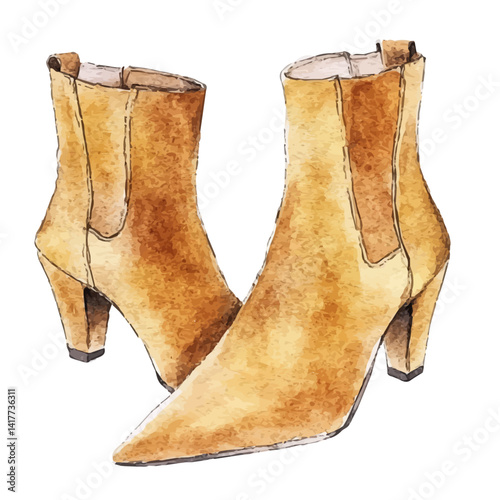 illustration of Pair Of Suede Ankle Boots With Pointed Toes, watercolor vector, isolated on a white background.