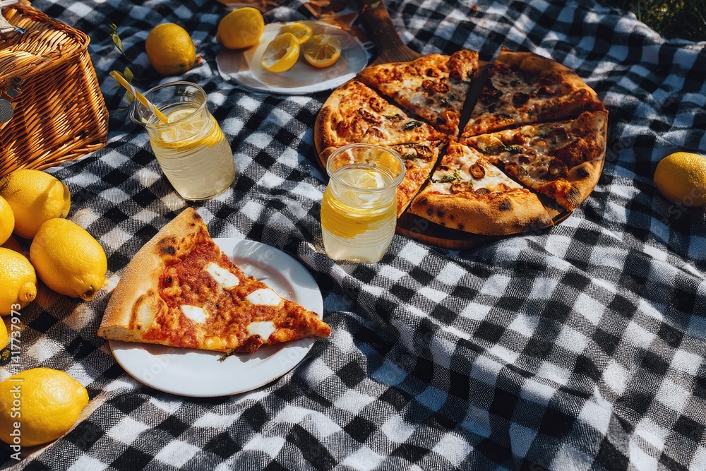 Summer picnic with pizza, lemonade, and checkered blanket
