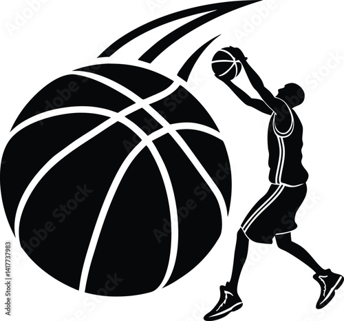 basketball player silhouette, side view, full body, scoring, slam dunk, team, victory
