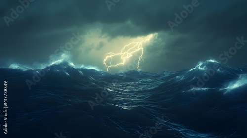 A coastal storm with lightning flashing over rough ocean waves