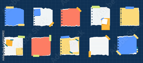 Realistic Ripped Paper Scraps Strips Torn Edges with Sticky Note and Adhesive Tape. Sticky Note Sheet Pieces Ripped Edge for Message, Journals, Planners, To-Do Lists, Memo Template