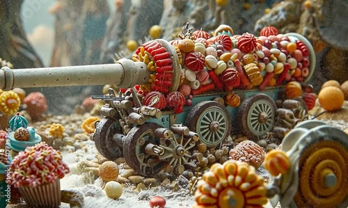 A whimsical candy cannon surrounded by colorful sweets in a fantastical dessert landscape