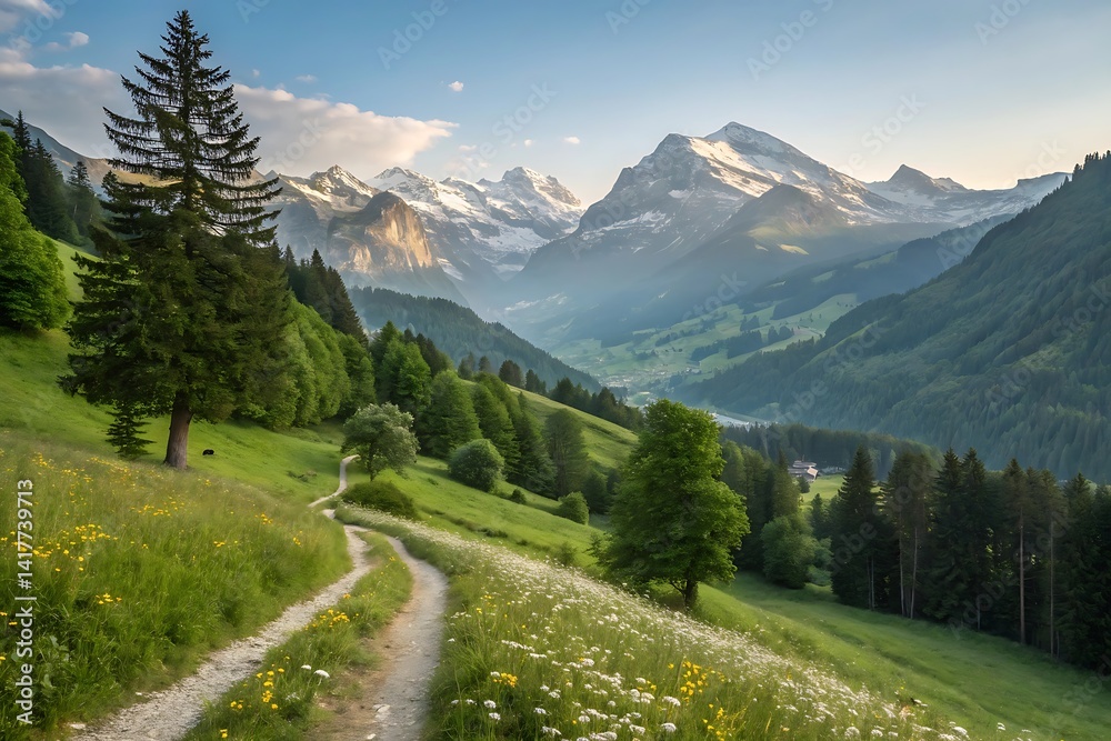landscape with long green land and mountains landscape with long green land and mountains