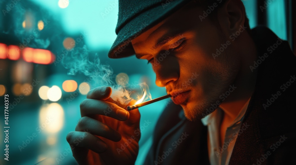 A man in a stylish hat enjoys a cigarette under soft city lights. The atmosphere is moody and thoughtful. A moment captured in time and emotion. Generative AI