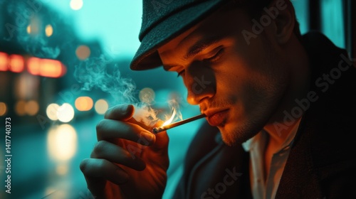 Obraz na płótnie A man in a stylish hat enjoys a cigarette under soft city lights. The atmosphere is moody and thoughtful. A moment captured in time and emotion. Generative AI w salonie