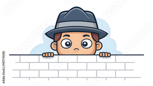 A cartoon character peeking over a wall wearing a hat, with a curious expression. meme reaction template concept.