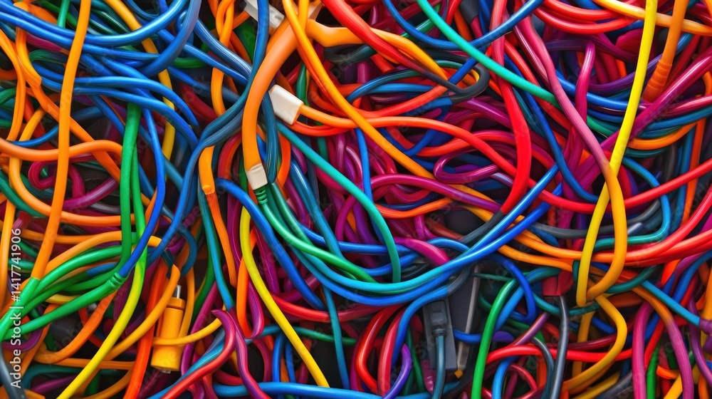 A tangled mess of colorful charging cables, creating an abstract artwork --ar 16:9 --v 6.1 Job ID: 6e6662dd-ecc1-4462-8bd7-48413abd5eb3 A tangled mess of colorful charging cables, creating an abstract artwork --ar 16:9 --v 6.1 Job ID: 6e6662dd-ecc1-4462-8bd7-48413abd5eb3