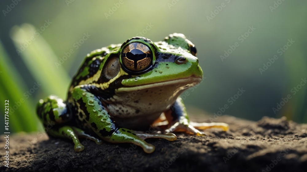 Close-up of a green frog with black spots sitting on brown dirt, detailed skin texture, and focused gaze, enhancing its natural camouflage. Close-up of a green frog with black spots sitting on brown dirt, detailed skin texture, and focused gaze, enhancing its natural camouflage.