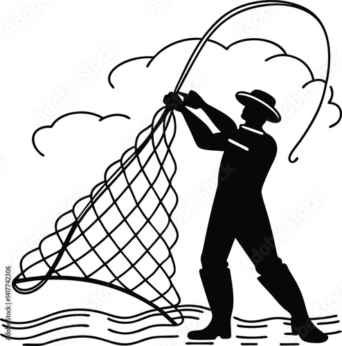 Fisherman Casting Net Silhouette Vector, fishing activity, calm, marine, outdoor sport, illustration