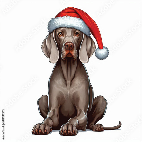 Christmas Weimaraner Dog wearing santa claus hat Cartoon Vector Illustration isolated