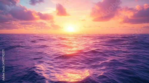 Vibrant sunset over calm ocean; purple and pink hues reflecting on water