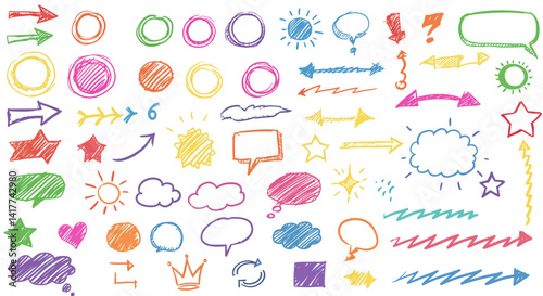 Crayon pencil color brush hand drawn chalk vector element set. Scribble pastel texture brush stroke kid square, spiral, arrow element hand drawn sketch design. Crayon pencil style. Vector illustration