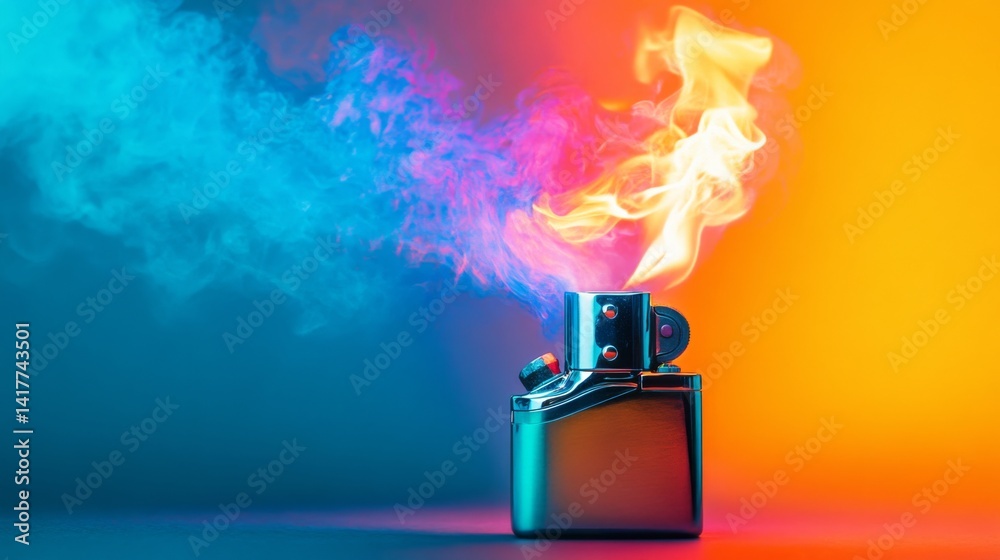 A vibrant lighter ignites fiery flames and colorful smoke. Bold colors blend beautifully in this striking image. A perfect representation of creativity and energy. Generative AI