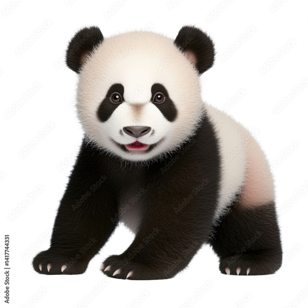 Adorable realistic panda bear cub standing on all fours with detailed fur and natural coloration isolated on a white background perfect for wildlife illustrations