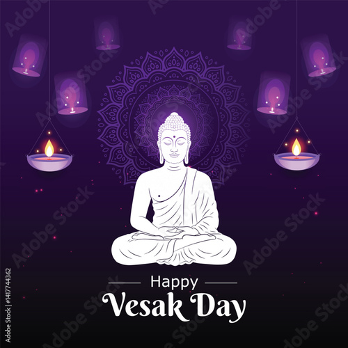 Happy Vesak Day Greeting Flyer, Happy Buddha Purnima – Vesak Poya Day Greetings and Wishes -Vector Illustration