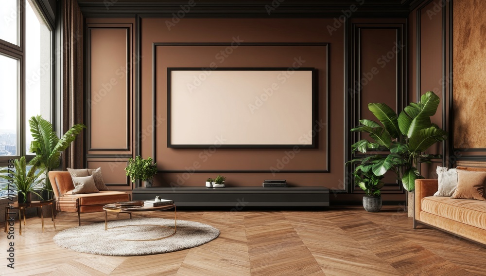 Modern brown living room with large empty framed art piece, city view from windows Modern brown living room with large empty framed art piece, city view from windows