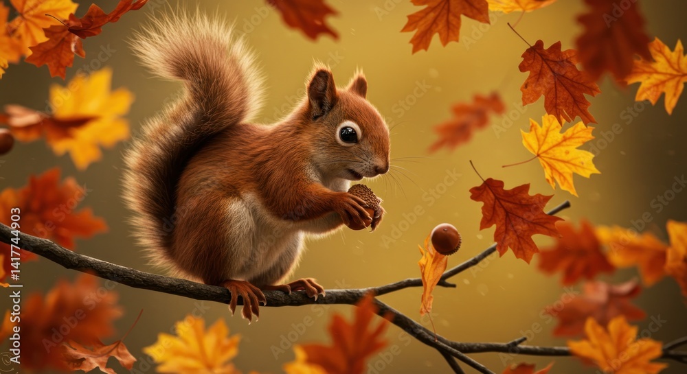 Squirrel holding acorn in autumn Illustration Squirrel holding acorn in autumn Illustration